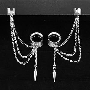 2PCS 6mm-25mm (2G-1") Trendy Cuff Clip Triple Chain Dangle Ear Plugs Gauges Screw Ear Tunnels for Women Men Hypoallergenic 316 Stainless Steel Ear Body Piercing Jewelry - size: 10mm/00g