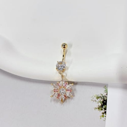 14G Dainty Rhinestone Flower Dangle Navel Ring for Women Fashion Statement Snowflake Crystal Drop Belly Button Rings Sparkly CZ Barbell Stud Sexy Body Piercing Jewelry - color: Gold