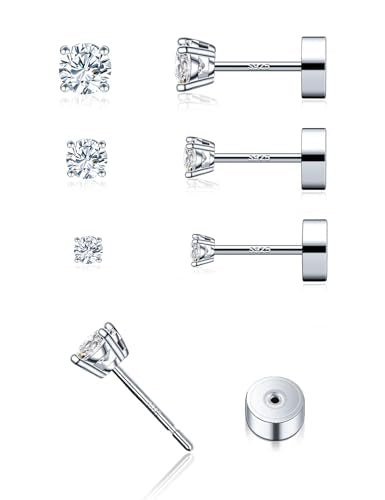 3 Pairs Moissanite Flatback Stud Earrings for Women, 925 Sterling Silver Hypoallergenic Flat Back Cartilage Earrings Set, 18K White Gold Plated - color: 18K White Gold, size: 2,3,4mm