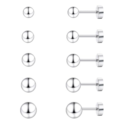 JINERA 5 Pairs Stud Earrings for Women 14K Plated Gold/Silver Pearl Ball Small Stud Earrings Set Cartilage Piercing Hypoallergenic Lightweight Flatback Earrings Jewelry Gifts for Women - color: 1 Pair Flat Back Stud Earrings - Silver