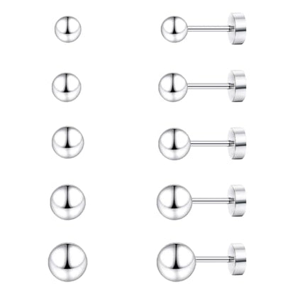 JINERA 5 Pairs Stud Earrings for Women 14K Plated Gold/Silver Pearl Ball Small Stud Earrings Set Cartilage Piercing Hypoallergenic Lightweight Flatback Earrings Jewelry Gifts for Women - color: 1 Pair Flat Back Stud Earrings - Silver