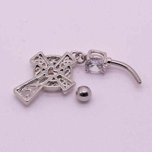 VERAMI 14G 316L Celtic Cross Belly Button Ring Surgical Steel Paved Gems Dangling Belly Button Ring Body Piercing Jewelry - color: Silver：C-4