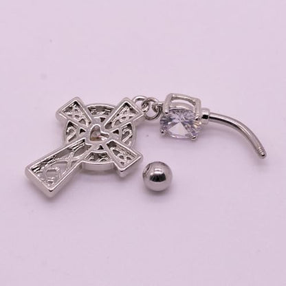 VERAMI 14G 316L Celtic Cross Belly Button Ring Surgical Steel Paved Gems Dangling Belly Button Ring Body Piercing Jewelry - color: Silver：C-4