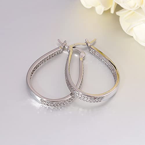 925 Sterling Silver Post Hoop Earrings for Women Gilrs Multcolors Cubic Zircon Hoops 14K Gold Plated Oval Chunky Hoop Earrings Jewelry Gift for Mothers Day/July 4th/Wedding/Party/Christmas - color: White