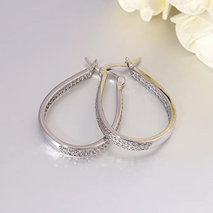 925 Sterling Silver Post Hoop Earrings for Women Gilrs Multcolors Cubic Zircon Hoops 14K Gold Plated Oval Chunky Hoop Earrings Jewelry Gift for Mothers Day/July 4th/Wedding/Party/Christmas - color: White