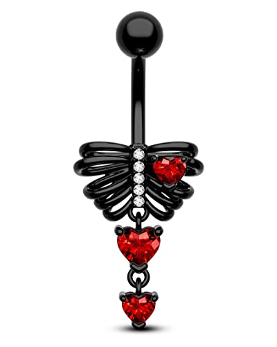 Black Skeleton Heart Belly Button Rings Dangle Halloween Navel Rings 14G Belly Piercing Jewelry Stainless Steel - color: Red