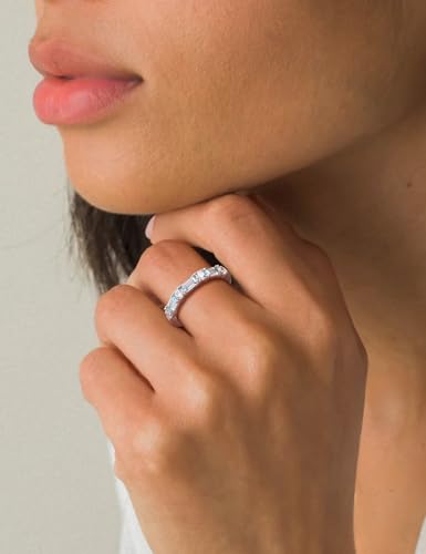 3.5mm Half Eternity Band Sterling Silver Rings for Women Sapphire/Ruby/Emerald and Cz Wedding Bands 7 Stone Stackable Birthstone Ring Anniversary Jewelry Size 6-10 - color: 03-Aquamarine-Mar.