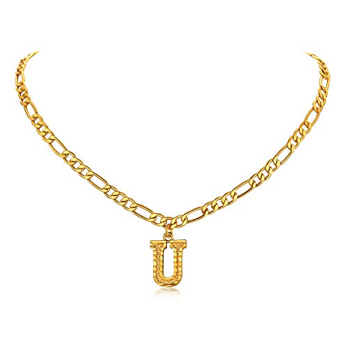 14K Gold Plated Initial Necklaces for Women Men A-Z Letter Necklaces | Figaro Chain, 16"+2" Adjustable Length, with Gift Box - style: U