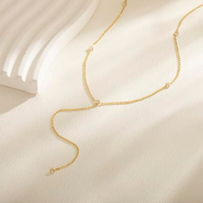 Tewiky Dainty Diamond Lariat Necklace for Women, Long Y Necklace | 14K Gold/Sterling Silver Plated Non Tarnish Necklace, Waterproof Drop Chain for Prom Wedding,Beach Summer Body Chian,Jewelry - color: Gold