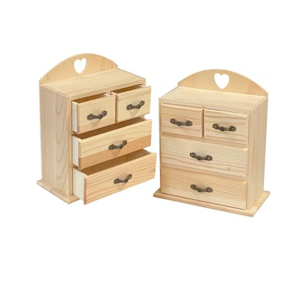 Pack of 2 Unfinished Wood box with Mini Drawers for Jewellery,Small Wooden Organizer Storage Box for Crafts Hobbies DIY Project