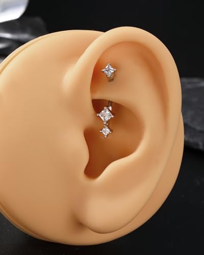 Minimalist Rook Earrings 8MM Silver Rook Piercing Jewelry Stainless Steel Clear CZ 16G Belly Button Ring Curved Barbell - color: Silver-8MM