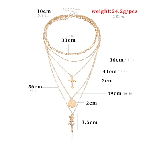 PLOUTOS Cross Coin Rose Layered Multi Chain Choker Necklace Set For Women Rhinestone Gold Silver Five Layer Adjustable Statement Fashion Chunky Boho Punk - color: Gold