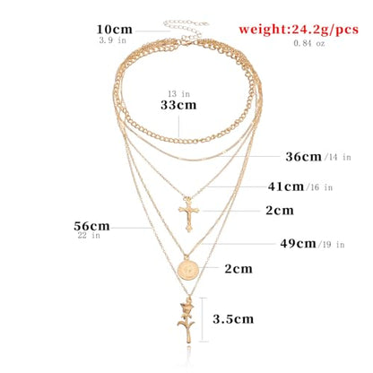 PLOUTOS Cross Coin Rose Layered Multi Chain Choker Necklace Set For Women Rhinestone Gold Silver Five Layer Adjustable Statement Fashion Chunky Boho Punk - color: Gold