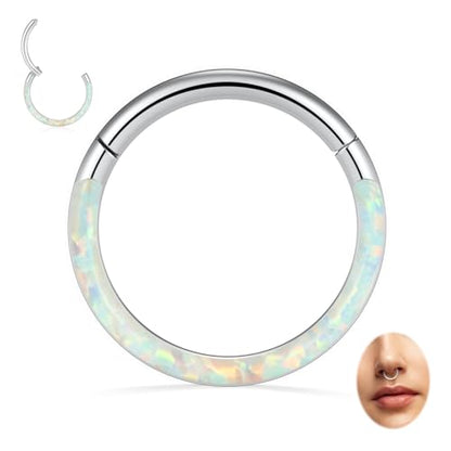Opal Septum Jewelry Surgical Steel Septum Ring Daith Rook Tragus Earring | Hinged Segment Nose Hoop Ring,Hypoallergenic Septum Piercings for Women,Conch Cartilage Helix Jewelry,Diameter 6mm to 10mm - color: Silver,White Opal, size: 16G 8mm