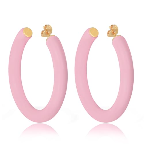 Gold Plated Multicolor Resin Chunky Thick Open Hoop Earrings in 57MM and 37.5MM Diameters - color: Pink - Pastel - Matte Finish, size: 57MM (2.24") Diameter