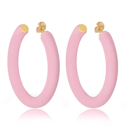 Gold Plated Multicolor Resin Chunky Thick Open Hoop Earrings in 57MM and 37.5MM Diameters - color: Pink - Pastel - Matte Finish, size: 57MM (2.24") Diameter
