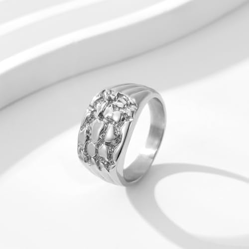 Gold Plated Nugget Ring for Men & Women – Stainless Steel Chunky Hip Hop Rings - Hypoallergenic Unisex Jewelry – US Size 5-13 – Gift Box Included - color: Silver