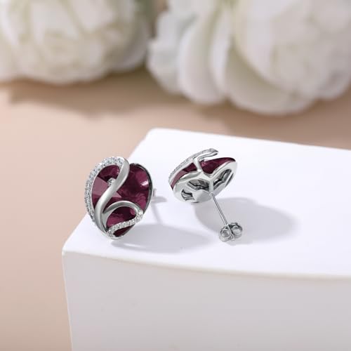 Butterfly Heart Birthstone Crystal Stud Earrings for Women S925 Sterling Silver Heart Birthstone Studs Birthday Gifts for Wife Mother Daughter Girlfriend Mom - color: 02-February