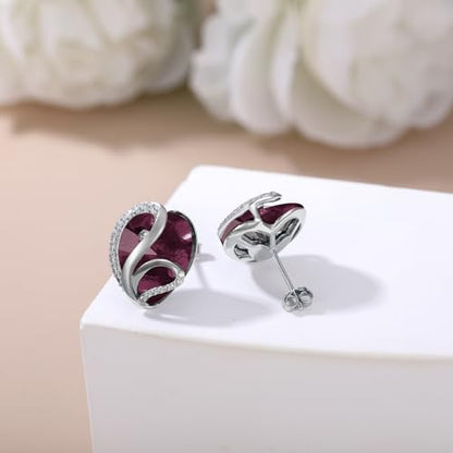 Butterfly Heart Birthstone Crystal Stud Earrings for Women S925 Sterling Silver Heart Birthstone Studs Birthday Gifts for Wife Mother Daughter Girlfriend Mom - color: 02-February