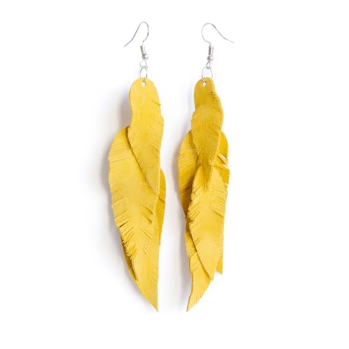 Leather Feather Earrings, Suede layered earrings, boho wedding jewelry, summer earrings, gift for her, dangle earrings - color: yellow