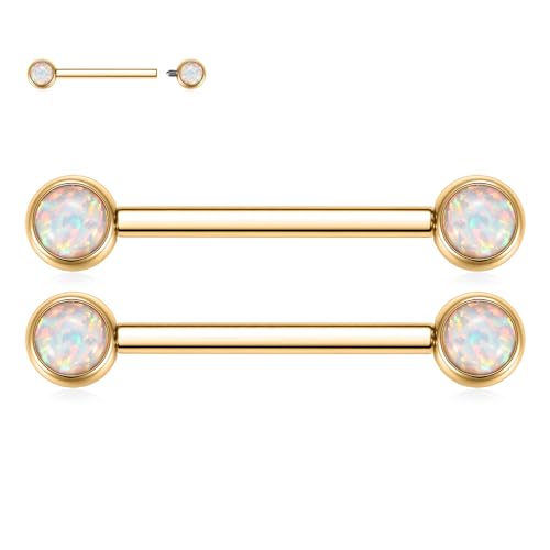FUNLMO 2pcs Nipple Piercing Jewelry Titanium Nipple Rings Internally Threaded Tongue Rings Bridge Piercing Jewelry Nipple Barbells 14G 12-20mm - color: Gold,White Opal
