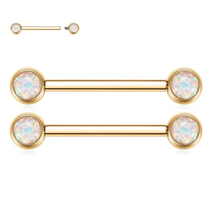 FUNLMO 2pcs Nipple Piercing Jewelry Titanium Nipple Rings Internally Threaded Tongue Rings Bridge Piercing Jewelry Nipple Barbells 14G 12-20mm - color: Gold,White Opal