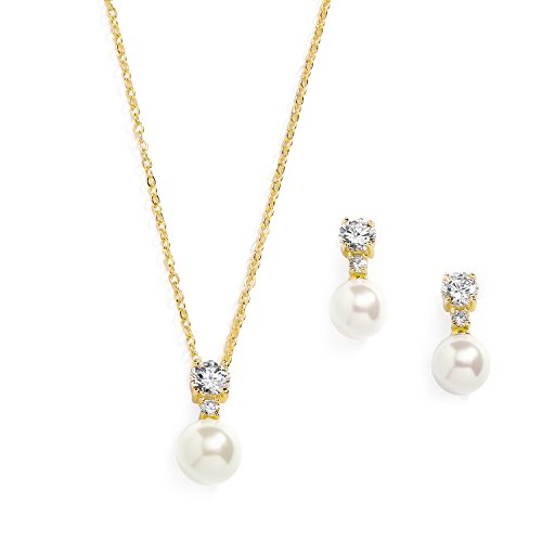 Mariell Pearl Wedding Necklace Earrings Set with CZ Crystal, Jewelry for Brides, Bridesmaid, Mother's Day - color: Gold-Clear Cubic Zirconia
