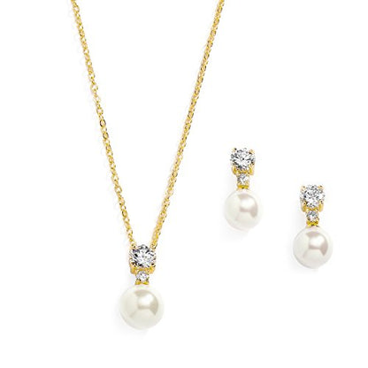 Mariell Pearl Wedding Necklace Earrings Set with CZ Crystal, Jewelry for Brides, Bridesmaid, Mother's Day - color: Gold-Clear Cubic Zirconia