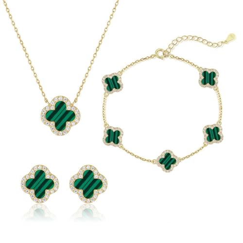 925 Sterling Silver Four Leaf Clover Bracelet – Real Silver Lucky Clover Jewelry for Women, Dainty Good Luck Gift for Her - color: Gold-Plated Malachite