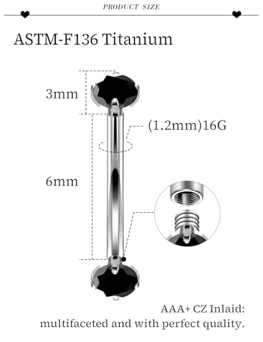 16G Astm F136 Titanium Eyebrow Piercing Jewelry Curved Barbell Eyebrow Ring Vertical Labret Lip Jewelry Daith Rook Earrings Navel Small Belly Button Ring Piercing Jewelry for Women Men CZ - style: 16G, 6MM Length, Black CZ
