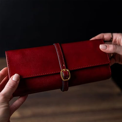 Time Resistance Leather Jewelry Roll - Full Grain Leather Travel Jewelry Case - Jewellery Organizer Made in Italy (Red) - color: Red