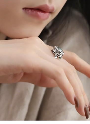 Adjustable Spinner Fidget Ring for Women - Vintage Ping An Buckle Amulet Rotating Ring, Green Jade & CZ Crystal Anxiety Relief Ring, Open Band Stress Relief Protection Jewelry, Unique Boho Gift for Her