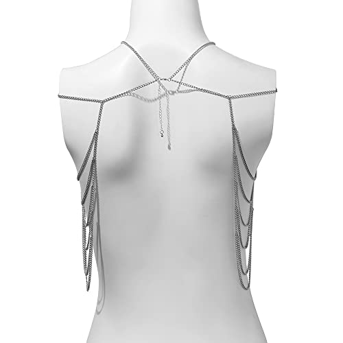 Missgrace Bride Women Rhinestones Shiny Statement Body Chain Shawl Silver Dainty Body Layered Shoulder Chain Wedding Party Nightclub Body Accessories for Women Bride