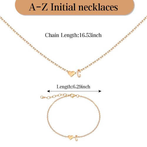 Gold Bracelets For Women Heart Initial Letter Pendant Necklace and Bracelet Set Personalized Jewelry Sets for Women Birthday Gifts for Mom Her Daughter Initial Necklace 14K Silver Plated - style: Gold-C