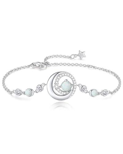 FANCIME Birthstone Bracelets 925 Sterling Silver Moon and Star Bangle Charm Bracelet Fine Jewelry Anniversary Birthday Mothers Day Gifts for Mom Her Women, Adjustable Chain 6.7"+1.2" Extend - color: link-10-opal