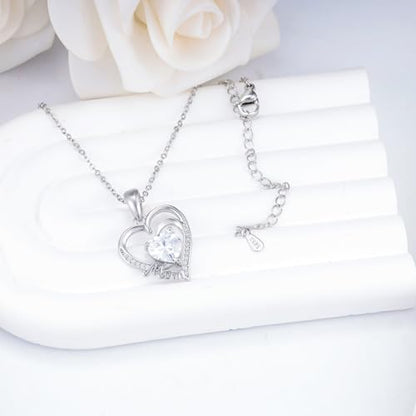 Sterling Silver Mom Heart Pendant Necklace for Women- Classic Adjustable Double Love Heart-Shaped Charm Necklace Hypoallergenic Cubic Zirconia Fashion Jewelry Gifts for Wife Mother