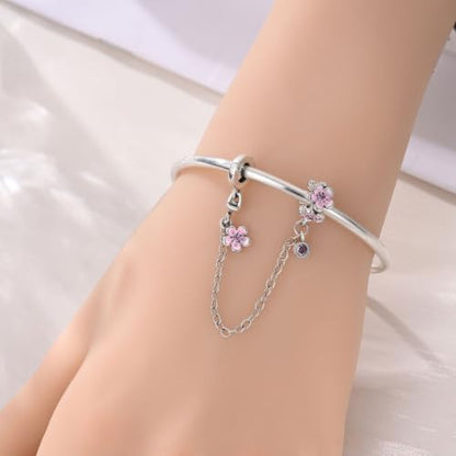 Charm for Bracelets and Necklaces Heart Cat Flower Boy 925 Sterling Silver Bead Birthday Jewelry Gift for Women - color: Cherry Blossom Safety Chain Charm