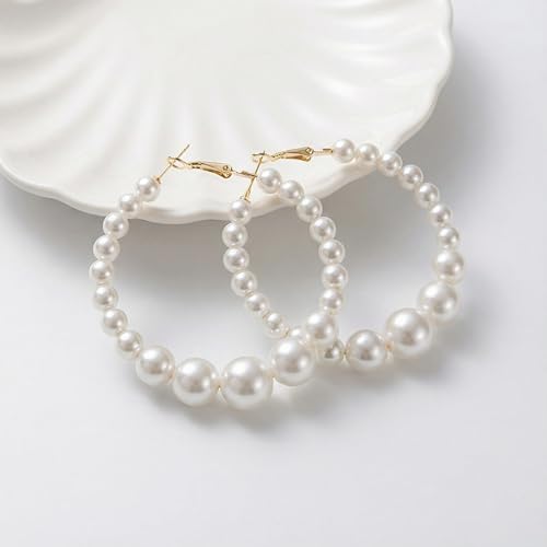 Hoop Earrings for Women, Hypoallergenic Stainless Steel Lightweight Thin Large Big Hoops Earrings Set for Women, Non Tarnish for Jewelry Gift 40MM - color: Pearl Earring-55mm