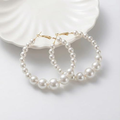 Hoop Earrings for Women, Hypoallergenic Stainless Steel Lightweight Thin Large Big Hoops Earrings Set for Women, Non Tarnish for Jewelry Gift 40MM - color: Pearl Earring-55mm