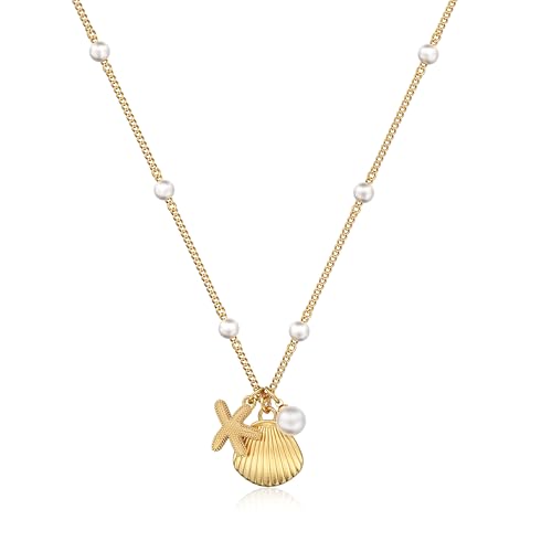 Shell Starfish Charm for Women, Dainty Layered 14K Gold Plated Seashell Conch Starfish Pearl Pendant Necklace for Women Stack Trendy Beach Cuban Link CZ Chain Necklace Summer Vacation Jewelry - color: Shell Starfish Pearl Necklace