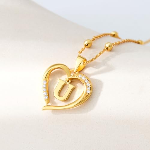 Cicy Bell Womens Heart Initial Necklace 18k Gold Plated | Personalized Letter Pendant, 17.7'' with 2'' Extender - color: Style 2-U-Gold