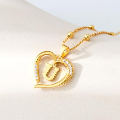 Cicy Bell Womens Heart Initial Necklace 18k Gold Plated | Personalized Letter Pendant, 17.7'' with 2'' Extender - color: Style 2-U-Gold