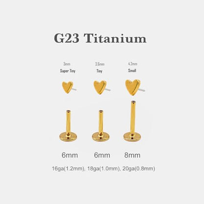 20G/18G/16G Titanium Flat Back Earrings, Threadless Nose Stud Tiny Stud Earrings, Cartilage Tragus Piercing Jewelry Conch Helix Stud - color: Heart (gold 3pcs), size: 16ga(1.2mm)