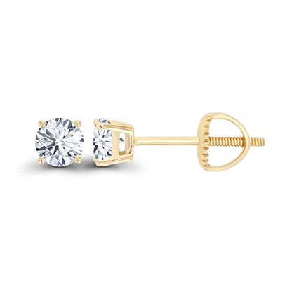 14K Gold Plated 925 Sterling Silver Hypoallergenic 4mm Round Genuine Birthstone Solitaire Screwback Stud Earrings - color: White Sapphire Created