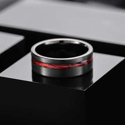 King Will Tungsten Rings for Men with Galaxy Shell Sand Meteorite Inlay | Black, 8mm, Brushed, Pipe Cut, Shell inlay, Everyday Wear - color: Black Red