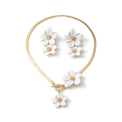 Colorful Flower Necklace Earrings Set for Women Gold Snake Chain Toggle Clasp Pendant Necklaces Dainty Double Flowers Statement Earrings Bridal Wedding Summer Beach Jewelry for Women - color: white