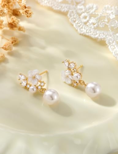 Freekiss Pearl Earrings for Women Trendy: Flat Back Stud Earrings 14K Gold Plated/925 Sterling Silver Freshwater Pearl Dangle Earrings Cute Bow Earrings Wedding Jewelry Birthday Gifts for Women Girls - style: Flower Pearl-GD