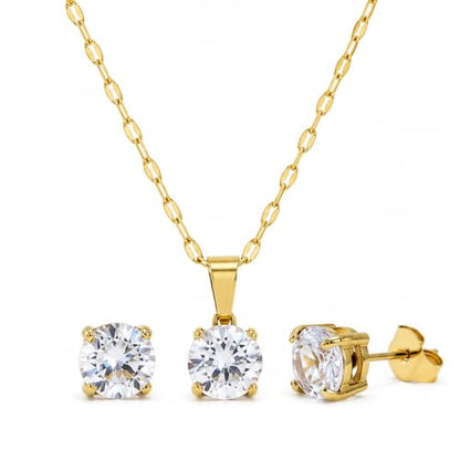 14K Gold Plated Crystal Jewelry set Cubic Zirconia Dainty Choker Necklace Earrings Stud Gold Necklaces for Women - color: Round CZ