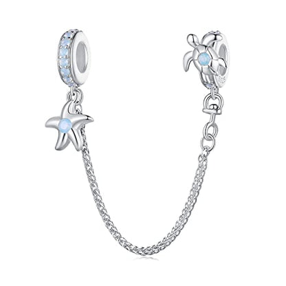 Heart Charm Clip Lock Spacer Stopper Charm Bead Bracelet 925 Sterling Silver Charms Safety Chain for Pandora Bracelets - color: Starfish Turtle