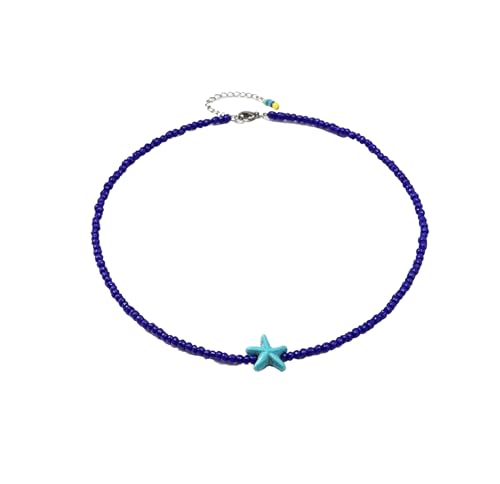 Seed Bead Choker Necklace for Women Bohemian Tiny Beads Choker Colorful Rice Bead Starfish Choker Summer Surfer Beach Necklace Jewelry Gift - color: Blue Plus